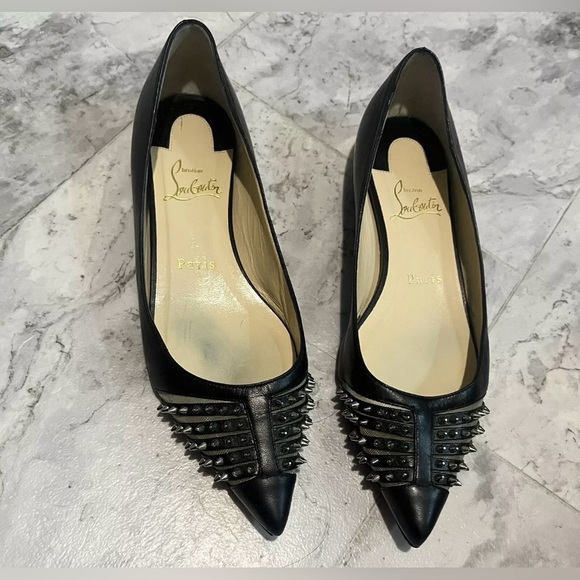 Christian Louboutin Red Bottom Black Leather Mesh Spike Studded Flats 36.5 6.5 - Picture 3 of 9